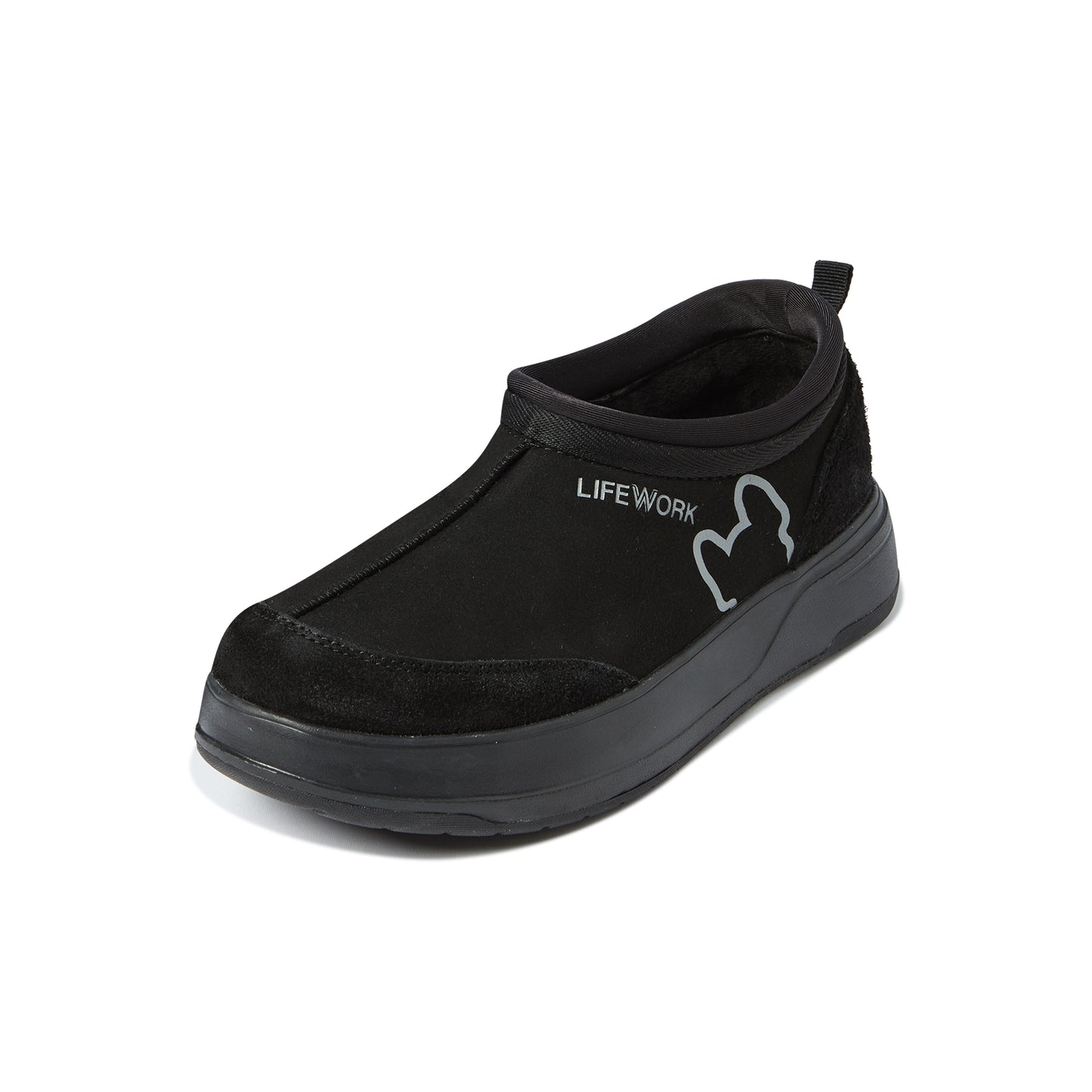 Black slip-on shoe with 'Lifework' branding on a white background