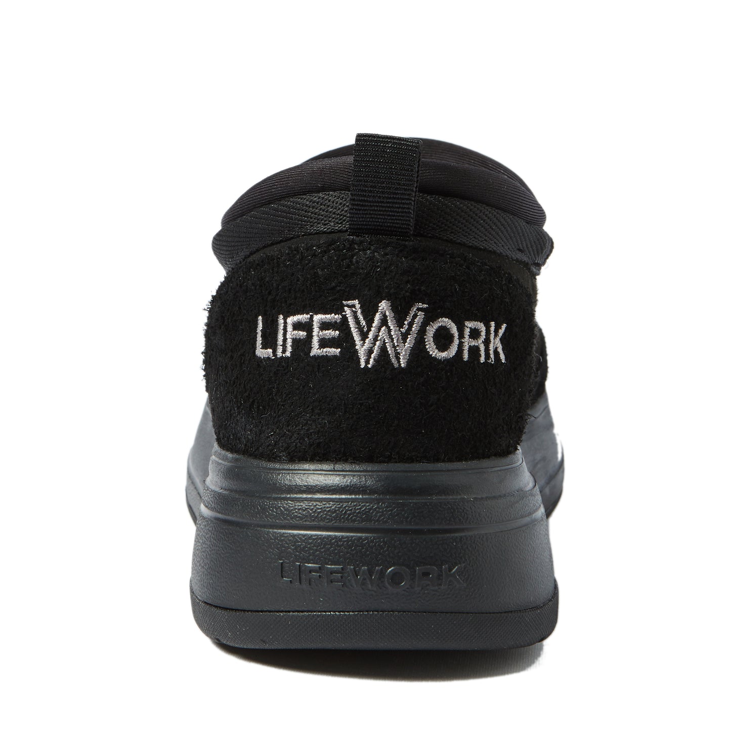 Black shoe with 'LIFEWORK' branding on a white background