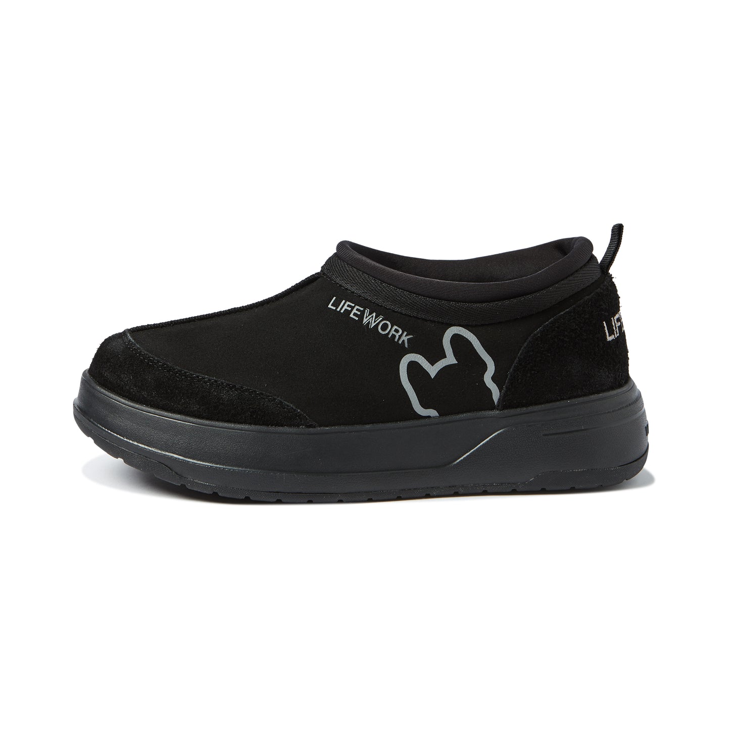 Black slip-on shoe with 'LIFE WORK' and a logo on a white background