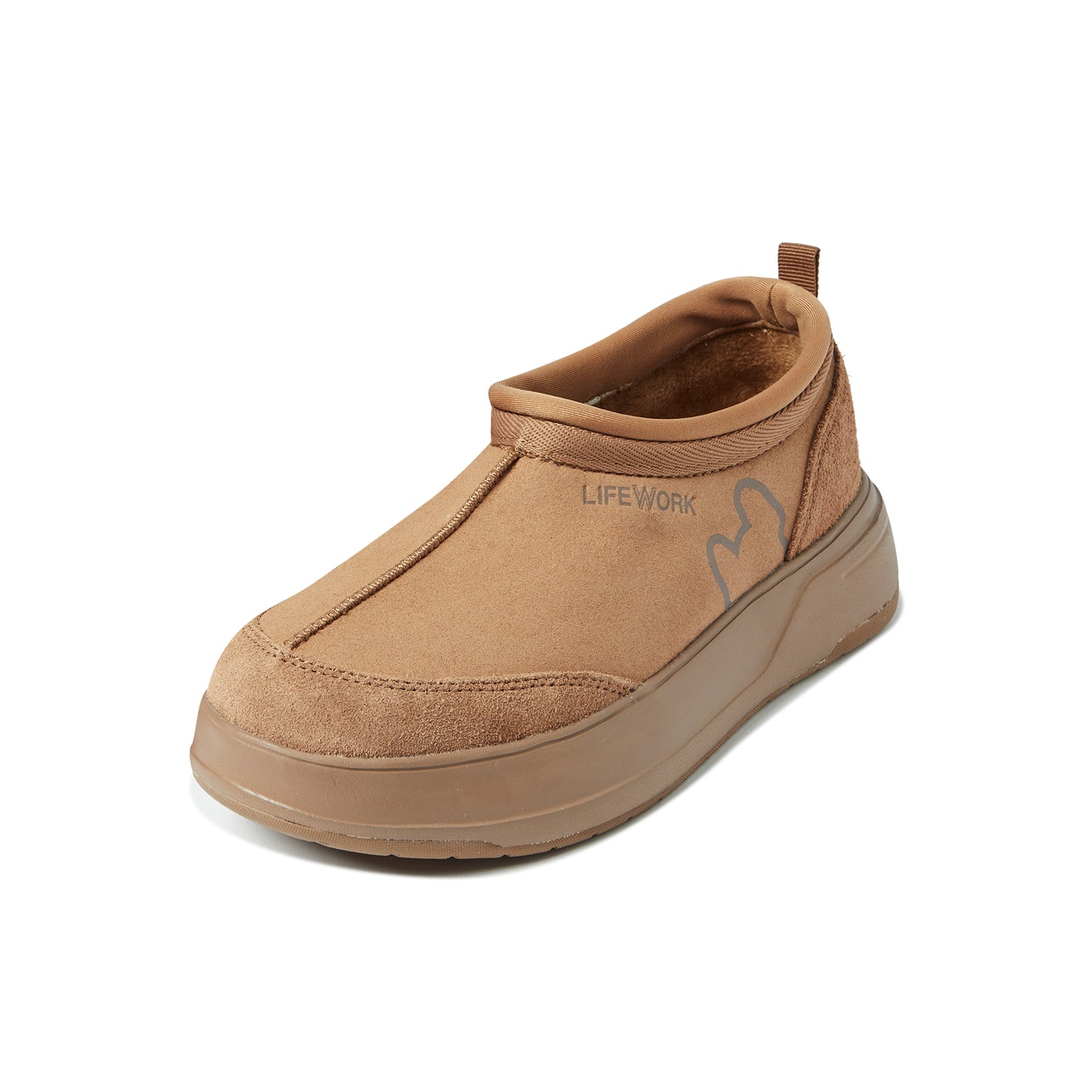 Tan slip-on shoe with 'Lifework' branding on a white background