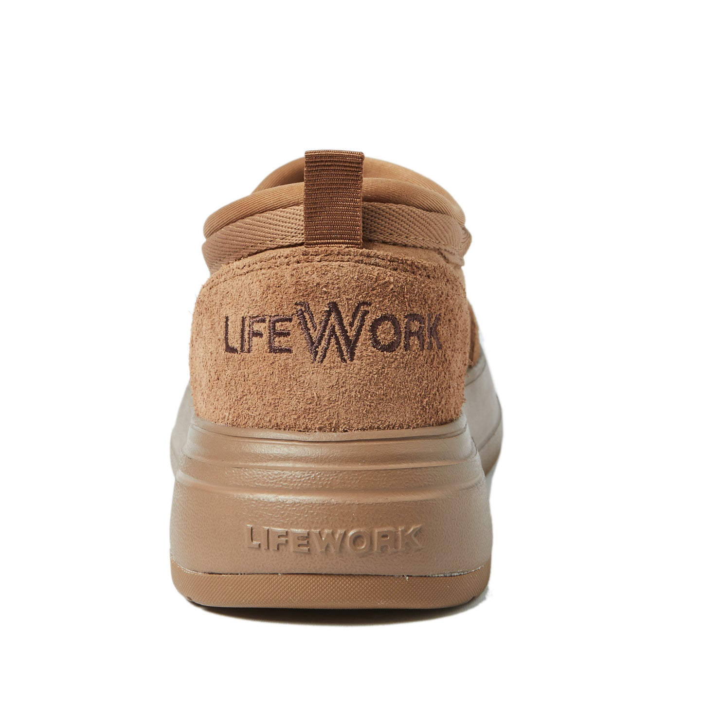 Brown slip-on shoe with 'Lifework' branding on a white background