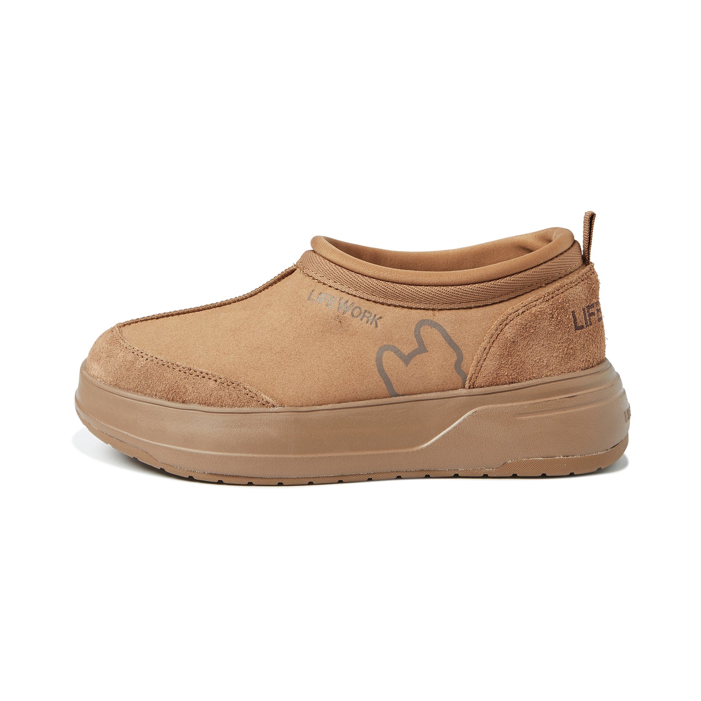 Tan slip-on shoe with brand logo on a white background