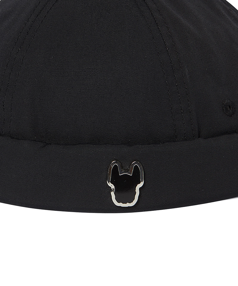 Black cap with a logo on the brim against a white background