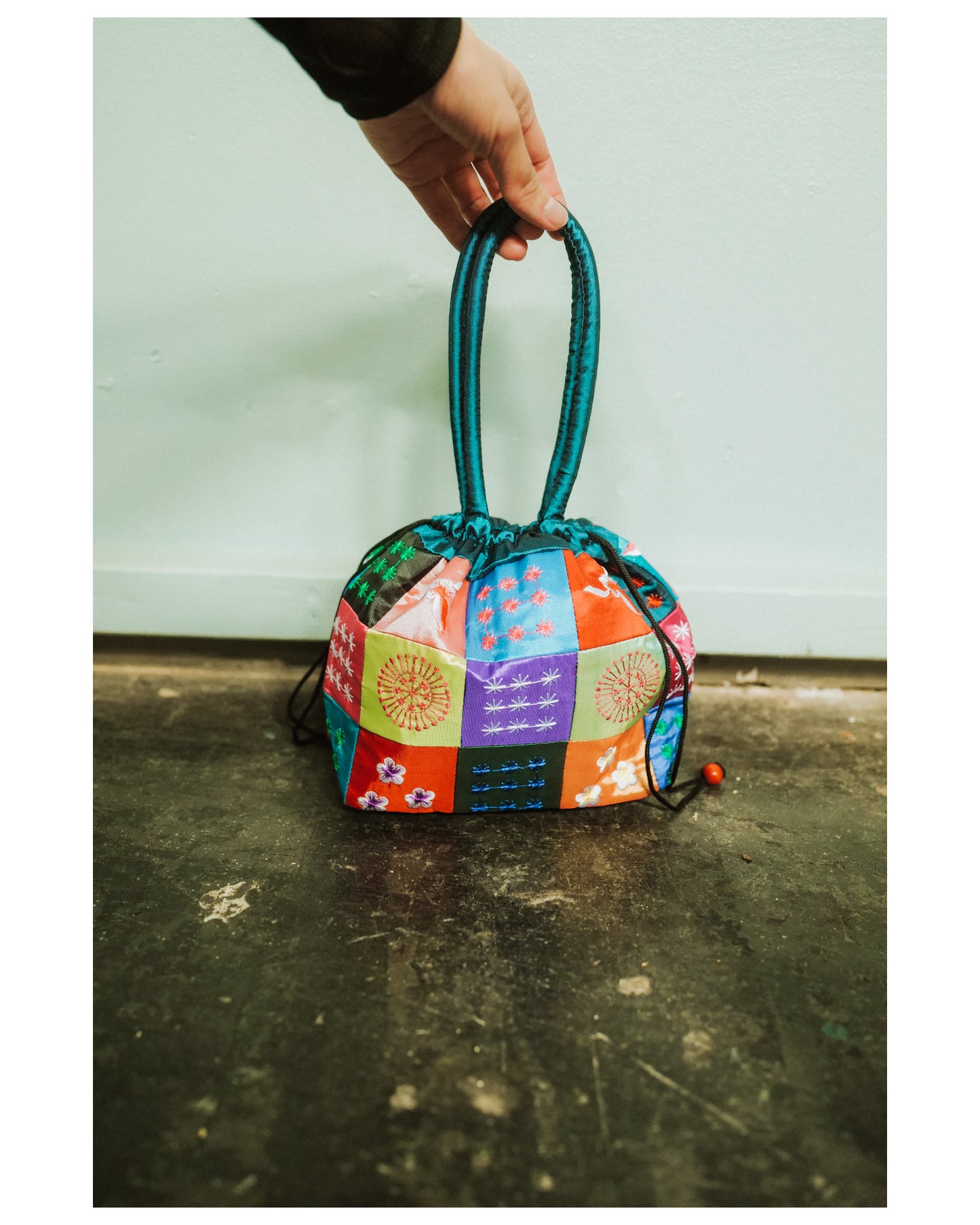 Silke Broderet Patchwork Håndtaske - Grøn