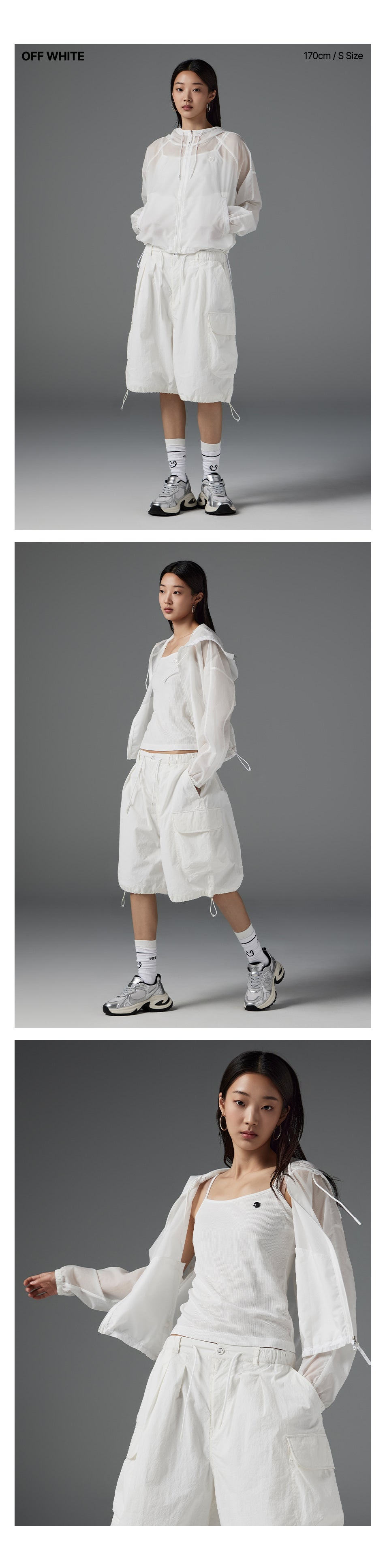 Three different poses of a person wearing a white outfit on a gray background