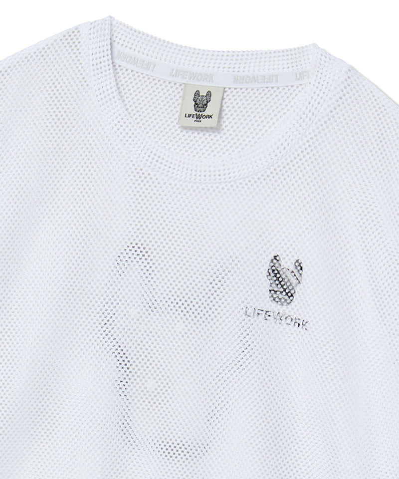 White mesh shirt with a small logo and 'LIFE WORK' text on a white background