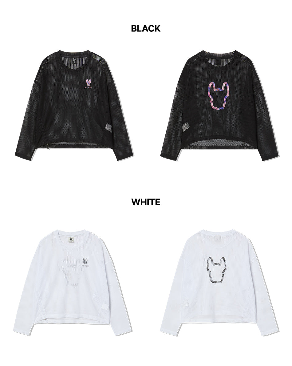 Black and white long-sleeve shirts with embroidered designs on a white background