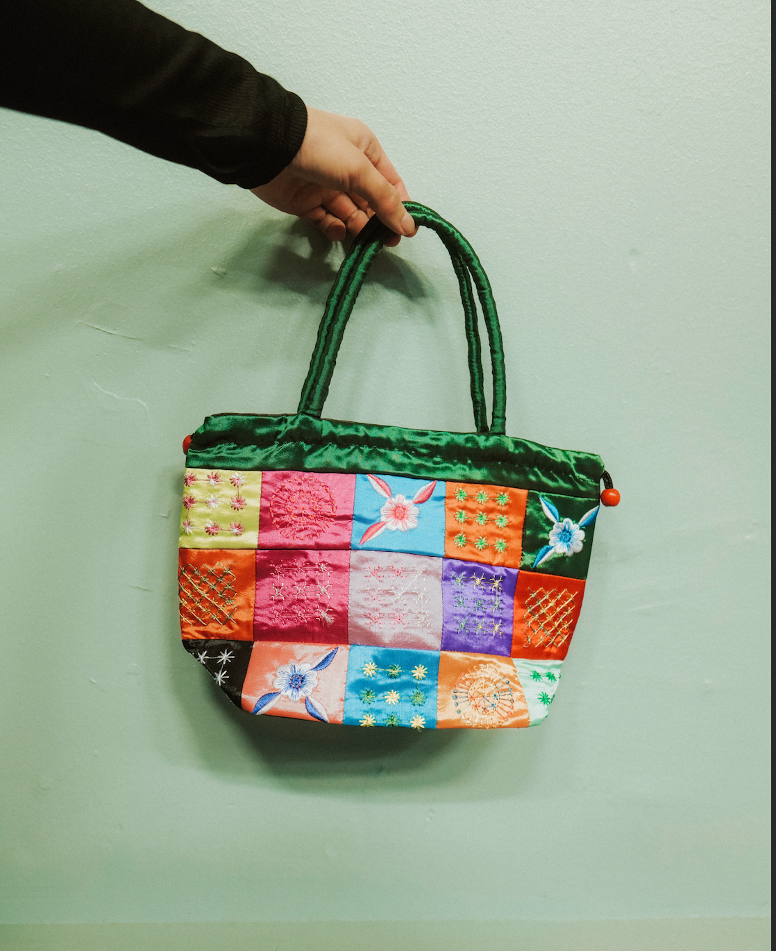 Silke Broderet Patchwork Håndtaske - Grøn