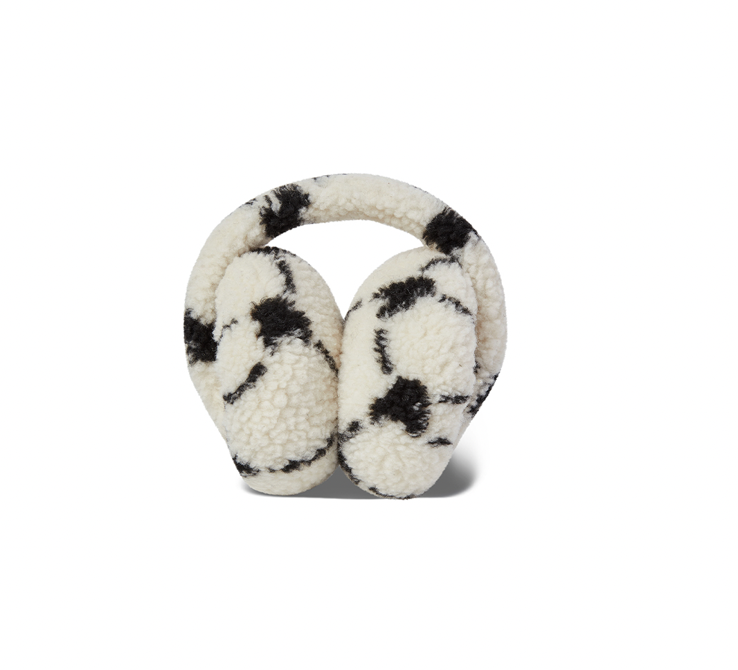 Pair of tie-dye patterned ear muffs on a white background