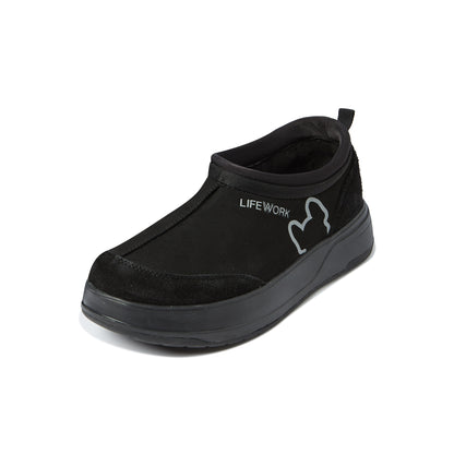 Black slip-on shoe with 'Lifework' branding on a white background