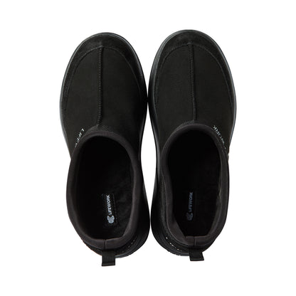 Pair of black slip-on shoes on a white background