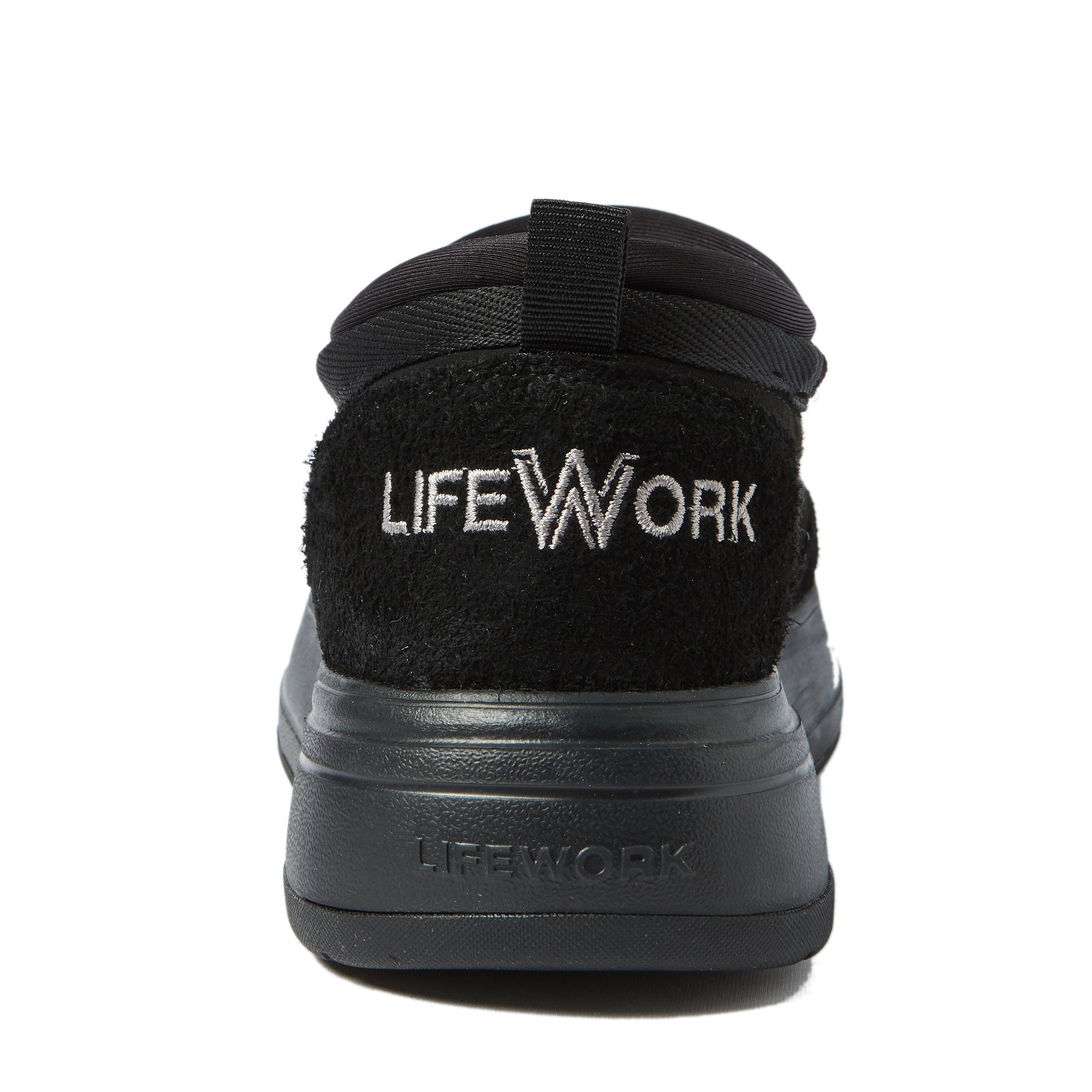 Black shoe with 'LIFEWORK' branding on a white background