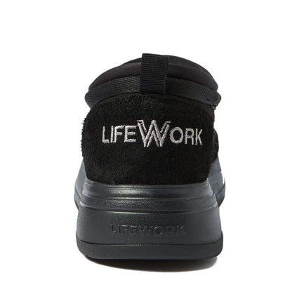 Black shoe with 'LIFEWORK' branding on a white background