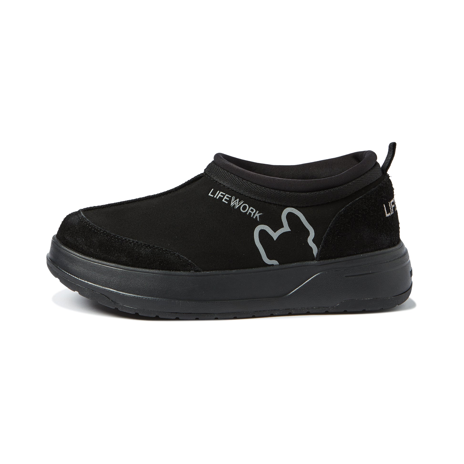 Black slip-on shoe with 'LIFE WORK' and a logo on a white background