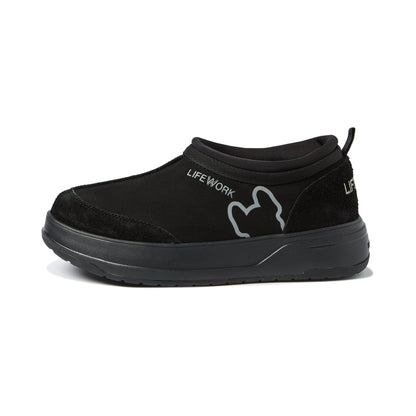 Black slip-on shoe with 'LIFE WORK' and a logo on a white background