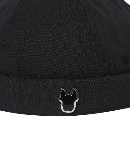 Black cap with a logo on the brim against a white background
