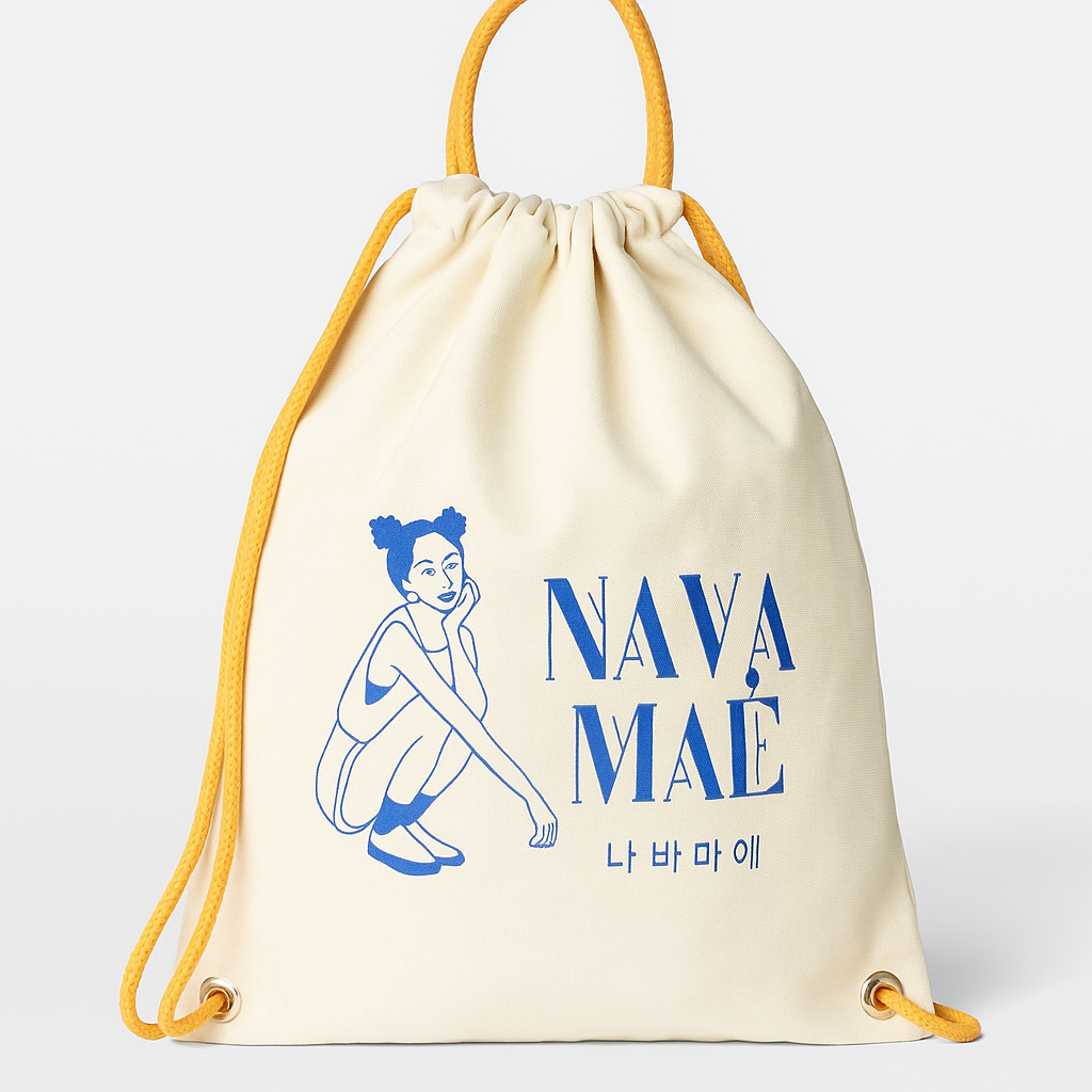 Drawstring bag with 'NAVA MAE' branding and logo on a white background