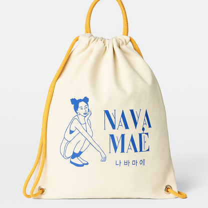 Drawstring bag with 'NAVA MAE' branding and logo on a white background