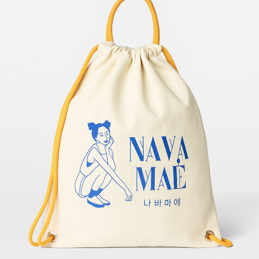 Drawstring bag with 'NAVA MAE' branding and logo on a white background