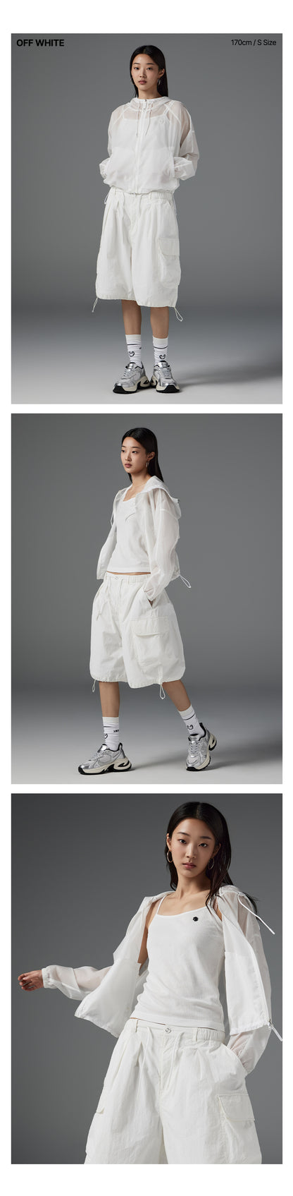 Three different poses of a person wearing a white outfit on a gray background