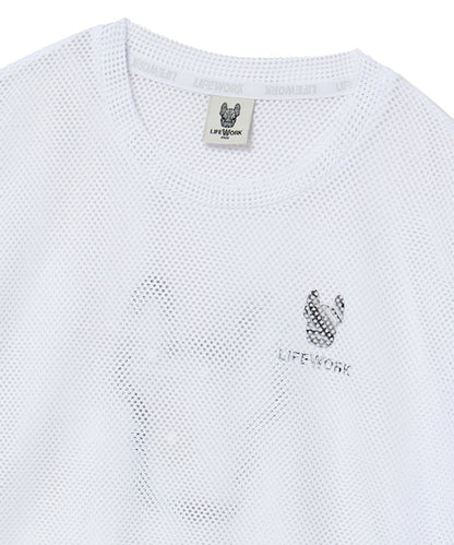 White mesh shirt with a small logo and 'LIFE WORK' text on a white background
