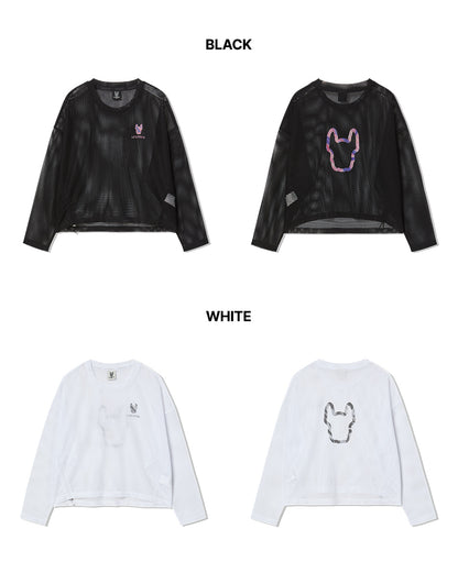 Black and white long-sleeve shirts with embroidered designs on a white background
