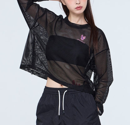 Women’s Mesh Short Long Sleeve T-Shirt – lightweight sheer mesh top in modern minimalist style