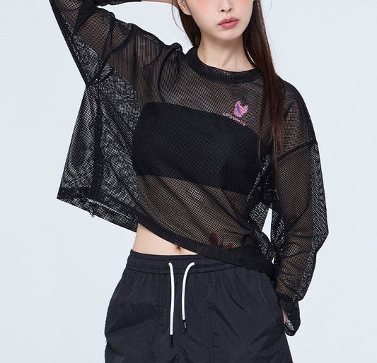 Women’s Mesh Short Long Sleeve T-Shirt – lightweight sheer mesh top in modern minimalist style