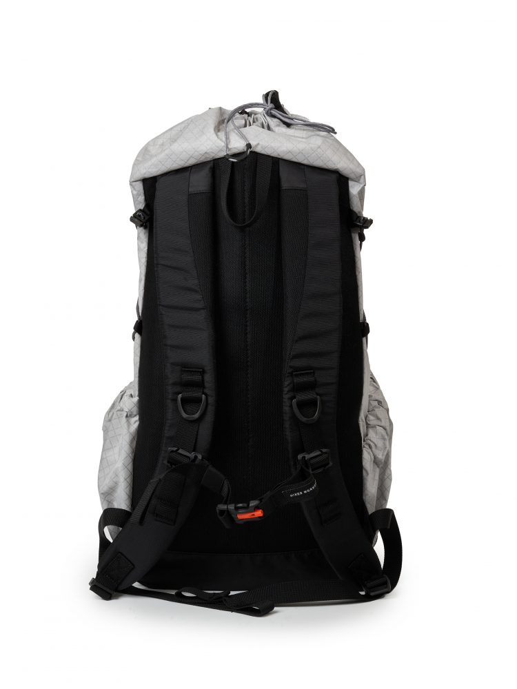 Back view of a gray lightweight backpack 